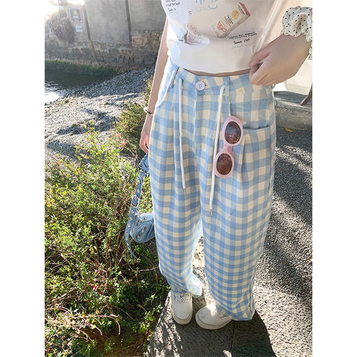 <曾小咸推荐>休闲宽松显瘦蓝白格子高腰休闲裤 商品图0