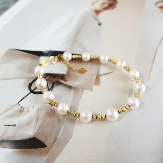 【天然正品】AU750黄金天然近完美约5.9MM akoya海水珍珠隔珠手链直径：5.9MM（皆取最大值）女士现售价：1880特价！110325NJM27 商品图5