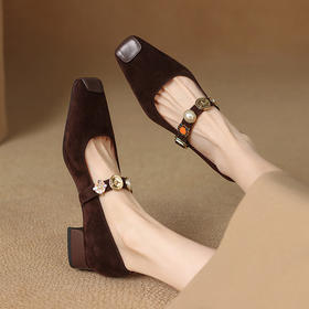 【预售5天】法式复古磨砂真皮一字带粗跟玛丽珍鞋女春秋新款方头中跟浅口单鞋SLLK&sl-7880