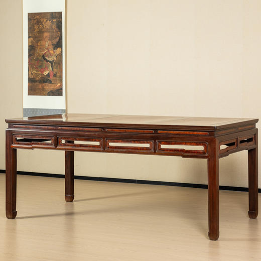 二十世纪 红木三镶瘿木束腰马蹄腿画桌 商品图4