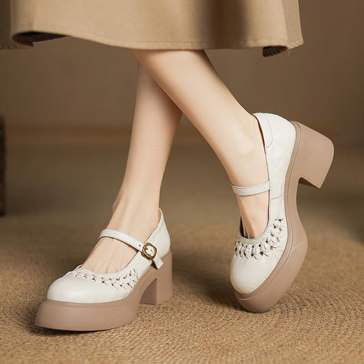 【预售5天】仙女风白色玛丽珍鞋新款春夏季羊皮编织厚底粗跟真皮单鞋女TYMXY&1943 商品图0