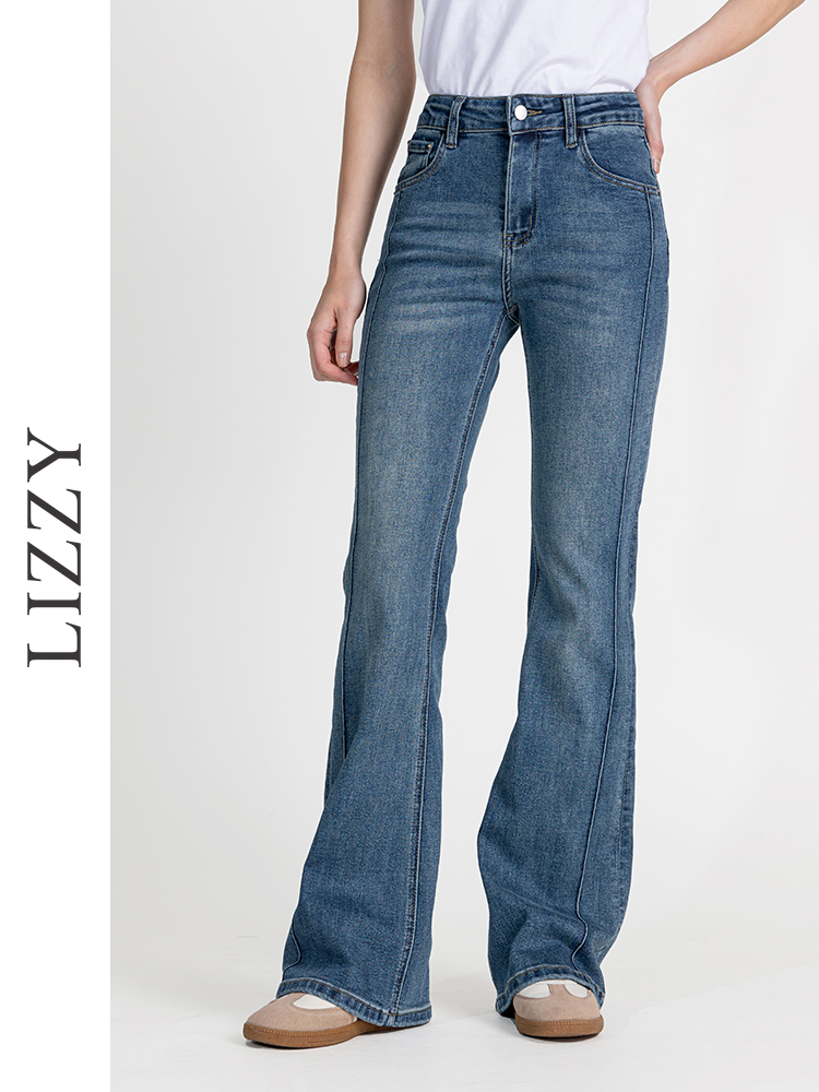 LIZZY早秋弹力高腰微喇修身气质牛仔长裤8137