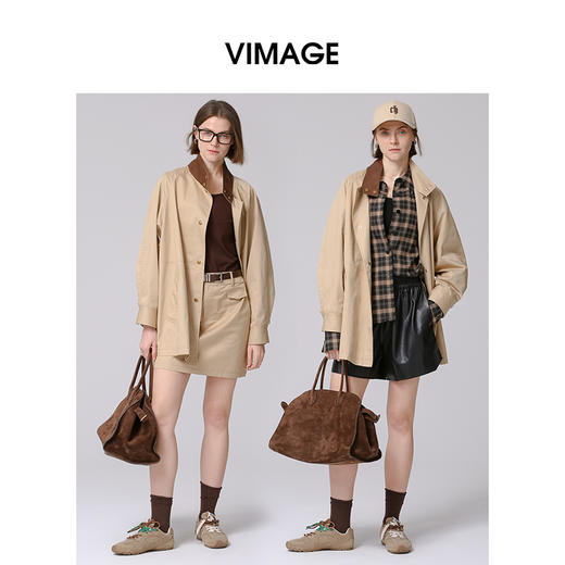 VIMAGE纬漫纪帅气立领时尚卡其色宽松中长款风衣外套2025春季新款V2304901 商品图1