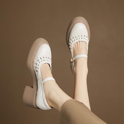 【预售5天】仙女风白色玛丽珍鞋新款春夏季羊皮编织厚底粗跟真皮单鞋女TYMXY&1943 商品图4