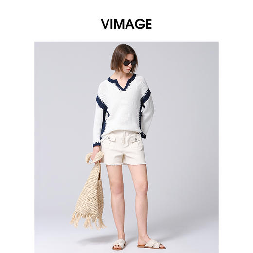 VIMAGE纬漫纪春季新品时尚百搭撞色针织衫V2101712 商品图3
