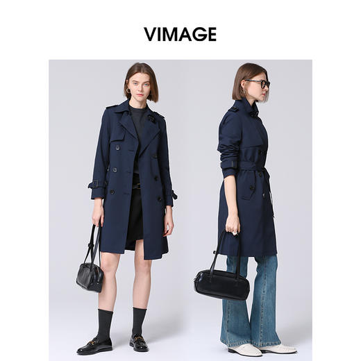 VIMAGE纬漫纪女装秋款经典翻领收腰中长款风衣女时尚外套V1404005DC 商品图2