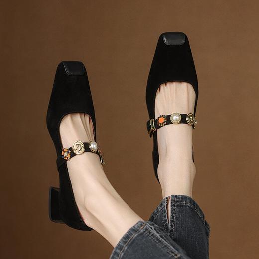 【预售5天】法式复古磨砂真皮一字带粗跟玛丽珍鞋女春秋新款方头中跟浅口单鞋SLLK&sl-7880 商品图3