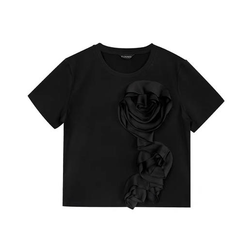 黑色立体花瓣装饰圆领针织上衣 商品图0