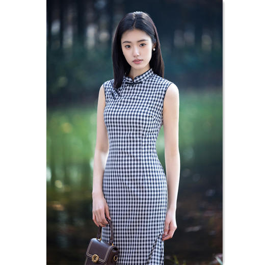 棉麻格子长款无袖旗袍2025春夏新款时尚文艺改良新中式旗袍SYK22691 商品图2