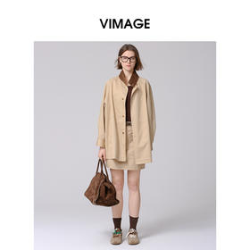 VIMAGE纬漫纪帅气立领时尚卡其色宽松中长款风衣外套2025春季新款V2304901