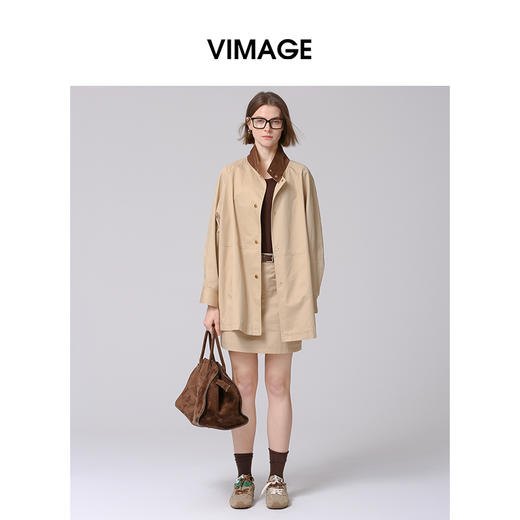 VIMAGE纬漫纪帅气立领时尚卡其色宽松中长款风衣外套2025春季新款V2304901 商品图0