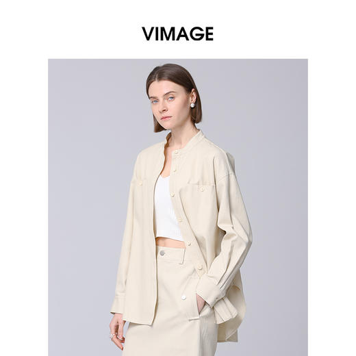 VIMAGE纬漫纪气质高级感通勤宽松显瘦圆领纯棉衬衫上衣2025春新款V2309901 商品图1