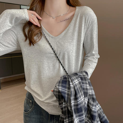 【YW】无忧购韩系慵懒百搭休闲莫代尔V领宽松长袖正肩t恤女2604 商品图7