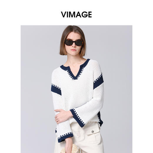 VIMAGE纬漫纪春季新品时尚百搭撞色针织衫V2101712 商品图2