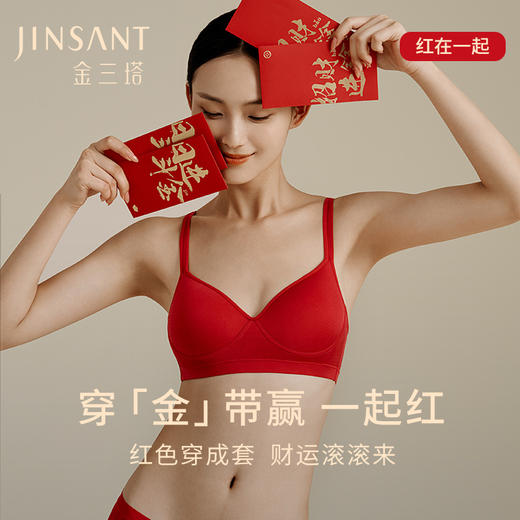 一起红】金三塔桑蚕丝文胸套装红色内衣文胸内裤袜子组合红品本命年   NZF4C307LH 商品图0