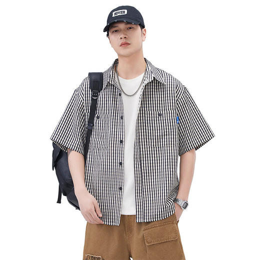 新品港风复古条纹衬衫夏季男款潮牌短袖衬衣宽松休闲上衣   AY-D1318【AY-1318】 商品图4