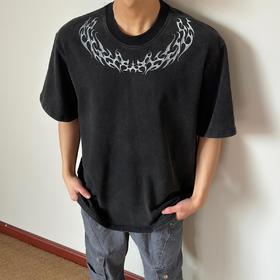 布老哥Blog美式复古水洗环脖印花短袖夏季宽松百搭街头T恤潮D110