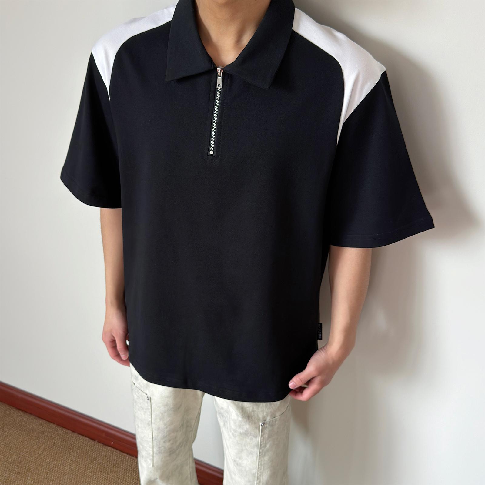 布老哥Blog美式复古撞色拼接拉链polo衫百搭重磅宽松拉链短袖D113