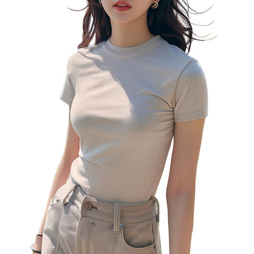 「6色可选！高品质美式T恤」女夏季圆领正肩半袖 棉弹力修身黑色短袖打底上衣 商品图4