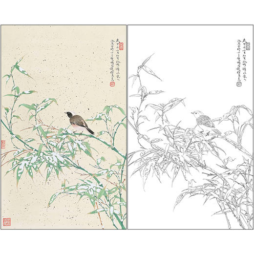 任重花鸟工笔画白描底稿《雪竹栖禽》临摹勾线高清打印稿RD59 商品图0