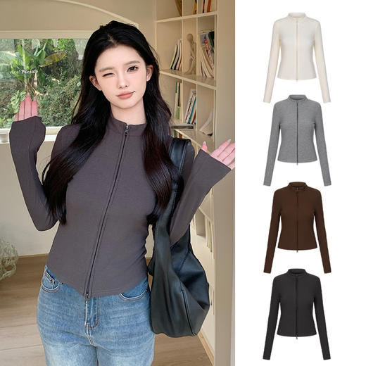 【时髦百搭，春夏必备】春夏季新款双拉链立领灰色夹克外套女高级感短款外搭螺纹针织开衫100% 商品图2