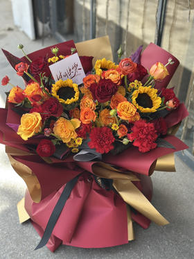 喜庆 红黄橙色 插花泥花束