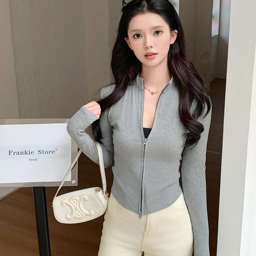 【时髦百搭，春夏必备】春夏季新款双拉链立领灰色夹克外套女高级感短款外搭螺纹针织开衫100% 商品图7