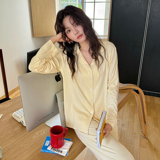 春夏天丝棉桑蚕丝家居服 软糯透气纯色可外穿翻领睡衣套装 商品图4