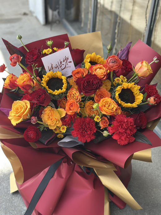 喜庆 红黄橙色 插花泥花束 商品图2