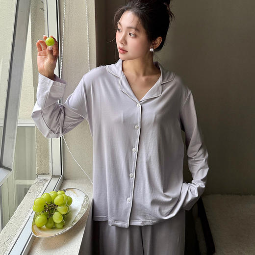 春夏天丝棉桑蚕丝家居服 软糯透气纯色可外穿翻领睡衣套装 商品图6
