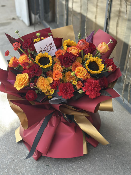 喜庆 红黄橙色 插花泥花束 商品图3