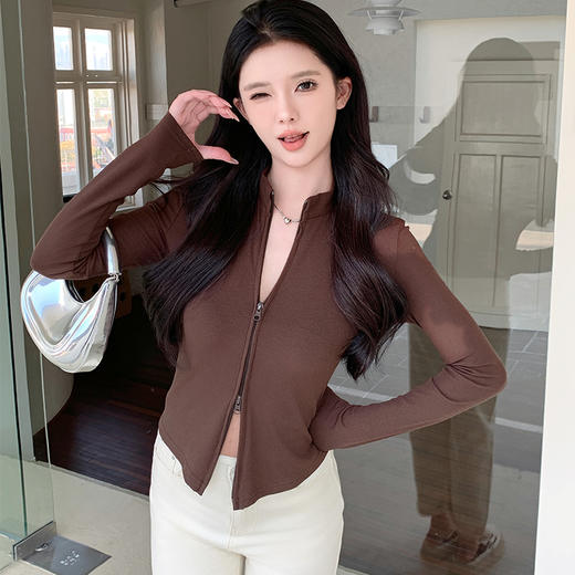 【时髦百搭，春夏必备】春夏季新款双拉链立领灰色夹克外套女高级感短款外搭螺纹针织开衫100% 商品图10