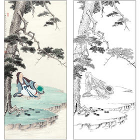 任重山水人物工笔画白描底稿《松溪高士》松树临摹勾线高清打印稿RD46