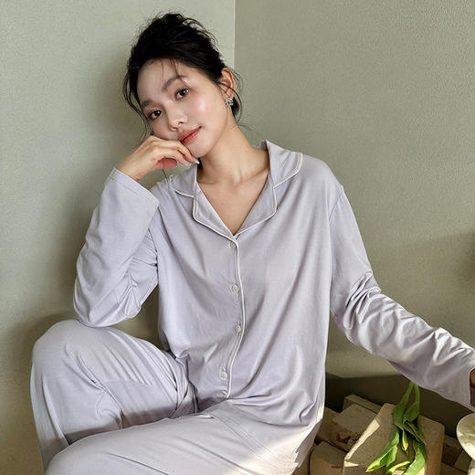 春夏天丝棉桑蚕丝家居服 软糯透气纯色可外穿翻领睡衣套装 商品图7