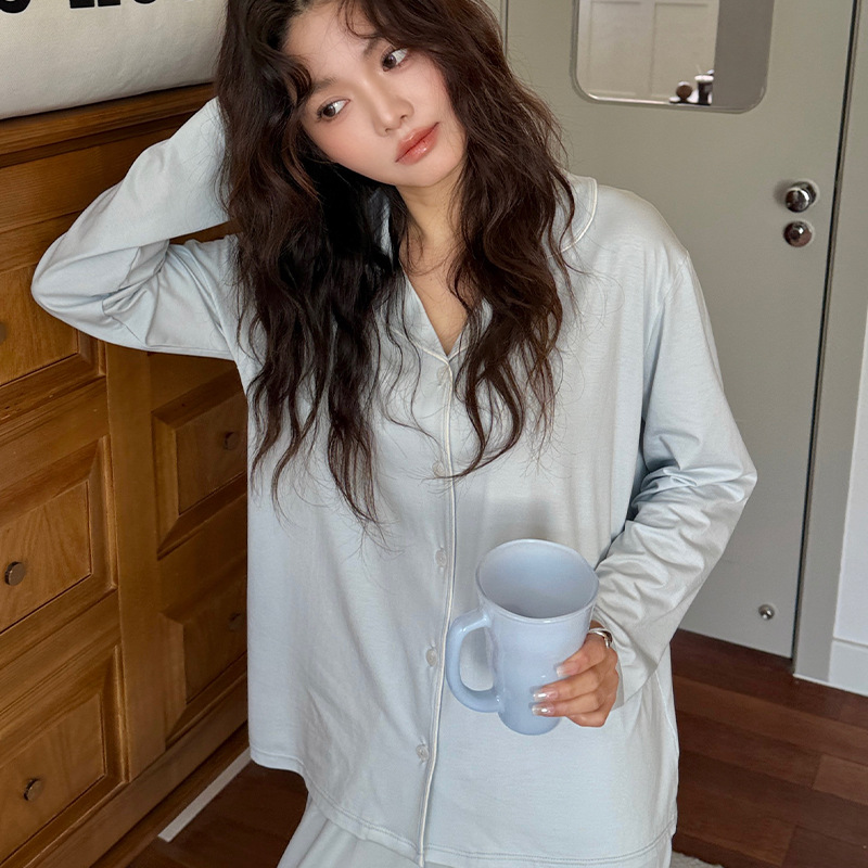 春夏天丝棉桑蚕丝家居服 软糯透气纯色可外穿翻领睡衣套装