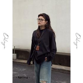 2025新品 佳佳同款【新宿出击】弧形下摆简约日系圆领衬衫潮流时尚显瘦百搭遮