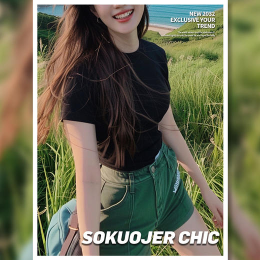 「6色可选！高品质美式T恤」女夏季圆领正肩半袖 棉弹力修身黑色短袖打底上衣 商品图2