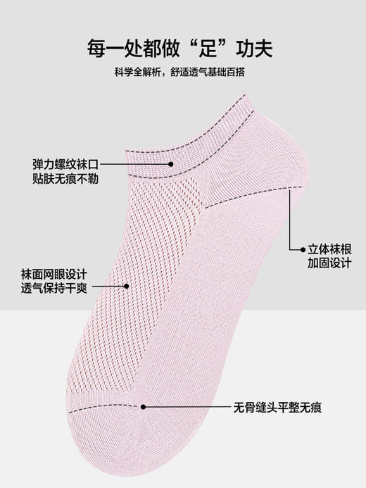 5双 足装秀高棉女网眼船袜春夏无骨防臭高弹纯色日系吸汗女短袜 商品图3