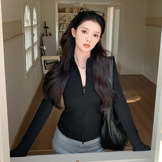 【时髦百搭，春夏必备】春夏季新款双拉链立领灰色夹克外套女高级感短款外搭螺纹针织开衫100% 商品图0