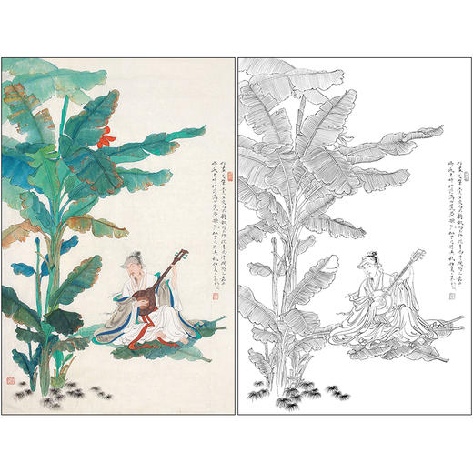 任重山水人物工笔画白描底稿《蕉荫拨阮》临摹勾线高清打印稿RD58 商品图0