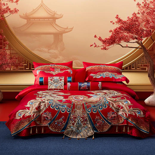 自然醒婚庆系列 100支全棉色织婚庆四件套六件套龙凤至美百年琴瑟床上用品套件KY 商品图7