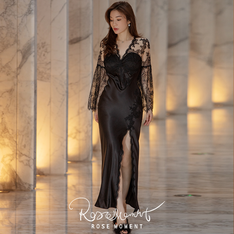 法式优雅侧开叉蕾丝美背长袖裙 S231169