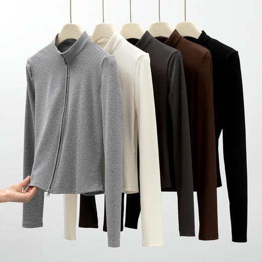 【时髦百搭，春夏必备】春夏季新款双拉链立领灰色夹克外套女高级感短款外搭螺纹针织开衫100% 商品图4