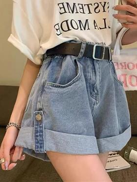 夏季【韩版辣妹卷边牛仔短裤】新款百搭宽松遮胯显瘦a字阔腿热裤子