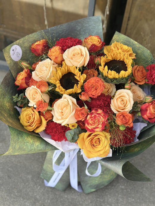 插花泥花束 香槟玫瑰和向日葵混搭花束 商品图1