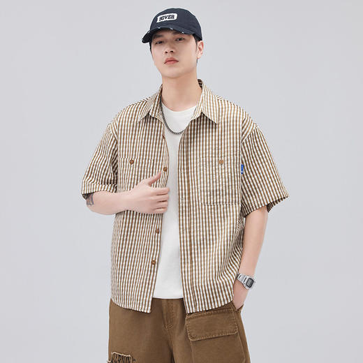 新品港风复古条纹衬衫夏季男款潮牌短袖衬衣宽松休闲上衣   AY-D1318【AY-1318】 商品图1
