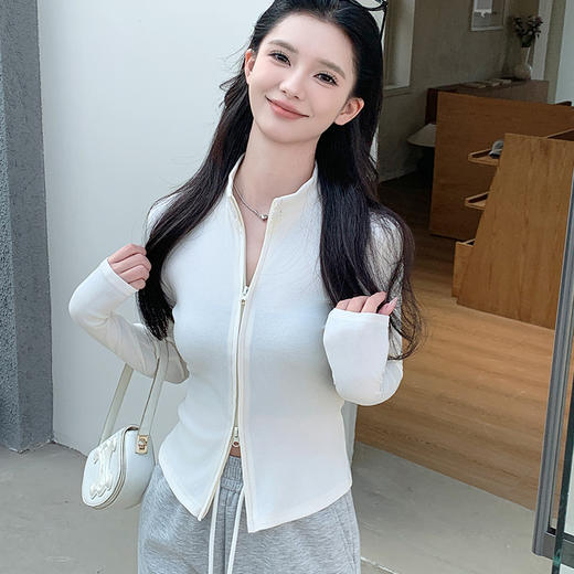 【时髦百搭，春夏必备】春夏季新款双拉链立领灰色夹克外套女高级感短款外搭螺纹针织开衫100% 商品图3