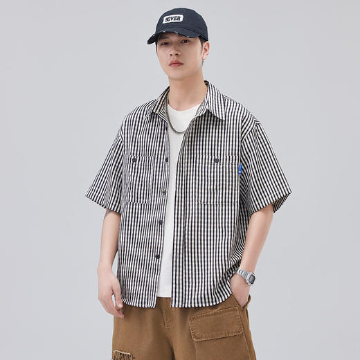 新品港风复古条纹衬衫夏季男款潮牌短袖衬衣宽松休闲上衣   AY-D1318【AY-1318】 商品图0