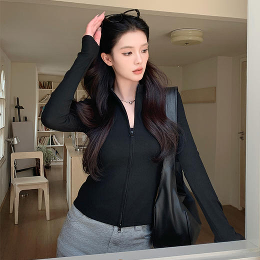 【时髦百搭，春夏必备】春夏季新款双拉链立领灰色夹克外套女高级感短款外搭螺纹针织开衫100% 商品图5