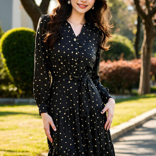 奢姿大码女装2025春季新款胖妹妹v领长袖连衣裙胖妹妹法式碎花裙9951821295 商品图3